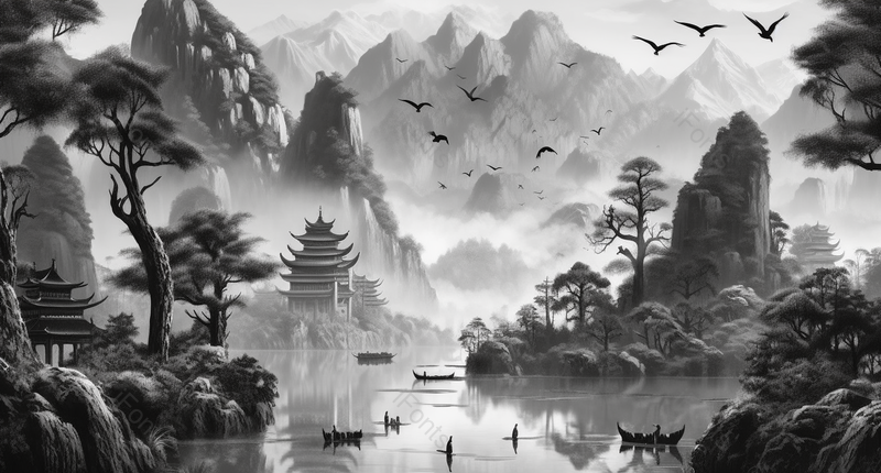 山峰树木点染繁密新中式水墨意境山水画,插画/手绘图,插画/手绘图库,插画/手绘图下载,插画/手绘